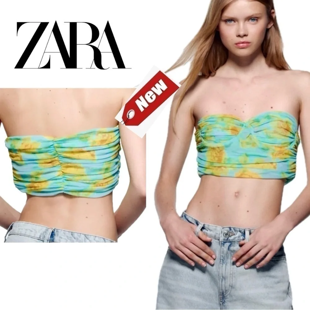 Zara blue yellow floral flower ruched strapless bandeau bustier crop top L NWT - Picture 15 of 15